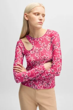 HUGO BOSS Houndstooth Mesh Top With Cut-out Neckline | Women Tops